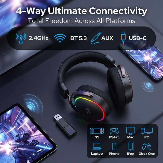 Alt view image 4 of 7 - Redragon H831 4-Mode Wireless Gaming Headset, 53mm Drivers, 45Hr+ Battery | 360° Spatial Sound, Detachable Mic with Voice Monitoring, Low Latency, Multi-Platform Headphone for PS4/5, NS, PC, Mac