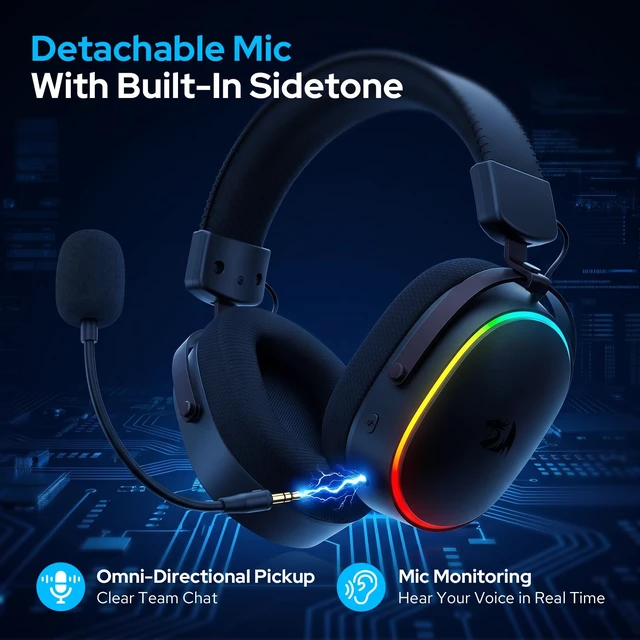 Alt view image 5 of 7 - Redragon H831 4-Mode Wireless Gaming Headset, 53mm Drivers, 45Hr+ Battery | 360° Spatial Sound, Detachable Mic with Voice Monitoring, Low Latency, Multi-Platform Headphone for PS4/5, NS, PC, Mac