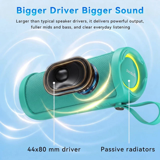 Alt view image 2 of 7 - Bobtot Portable Bluetooth Speaker, 15W Waterproof, RGB Light, TWS, Green | Dual passive radiators, Bluetooth 5.3, IPX6 splash-ready, TWS stereo, RGB lights and hands-free calls for home and travel use
