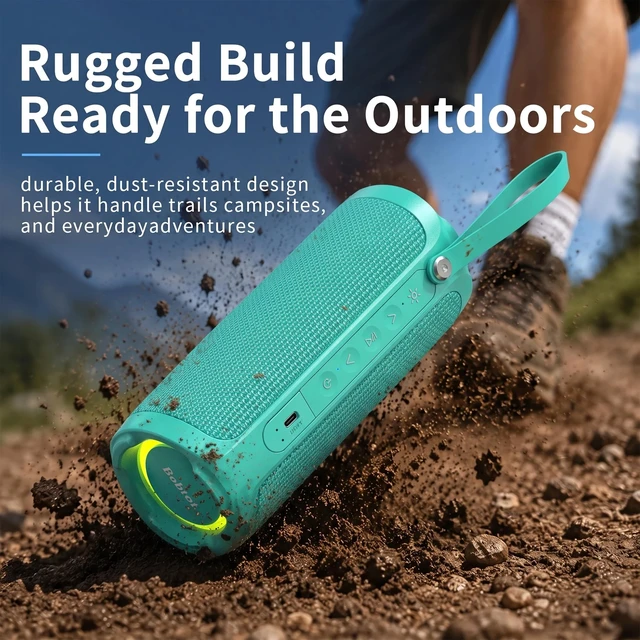 Alt view image 6 of 7 - Bobtot Portable Bluetooth Speaker, 15W Waterproof, RGB Light, TWS, Green | Dual passive radiators, Bluetooth 5.3, IPX6 splash-ready, TWS stereo, RGB lights and hands-free calls for home and travel use