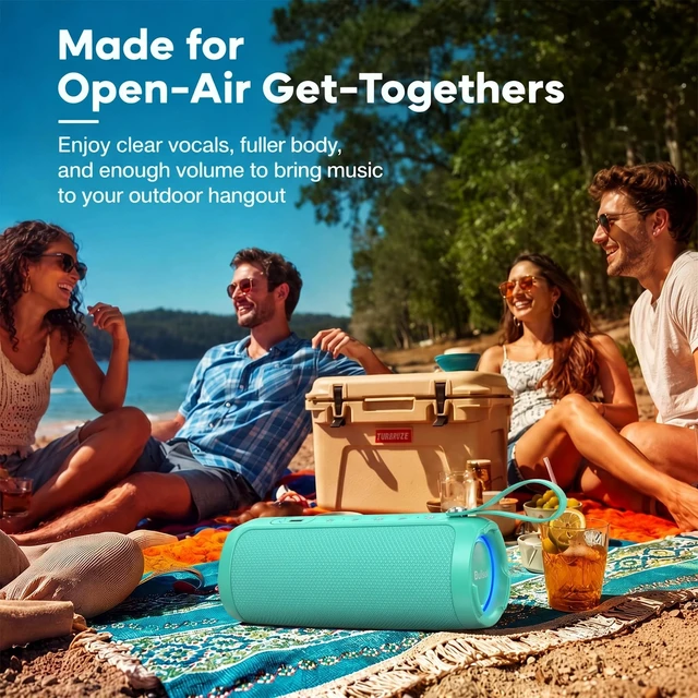 Alt view image 5 of 7 - Bobtot Portable Bluetooth Speaker, 15W Waterproof, RGB Light, TWS, Green | Dual passive radiators, Bluetooth 5.3, IPX6 splash-ready, TWS stereo, RGB lights and hands-free calls for home and travel use