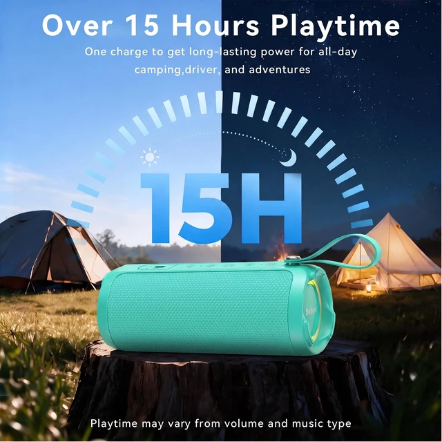 Alt view image 7 of 7 - Bobtot Portable Bluetooth Speaker, 15W Waterproof, RGB Light, TWS, Green | Dual passive radiators, Bluetooth 5.3, IPX6 splash-ready, TWS stereo, RGB lights and hands-free calls for home and travel use