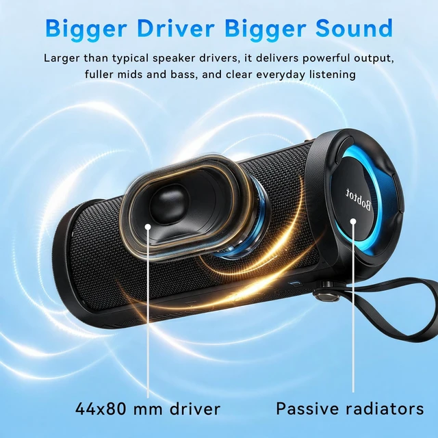 Alt view image 2 of 7 - Bobtot Portable Bluetooth Speaker, 15W Waterproof, RGB Light, TWS, Black | Dual passive radiators, Bluetooth 5.3, IPX6 splash-ready, TWS stereo, RGB lights and hands-free calls for home and travel use