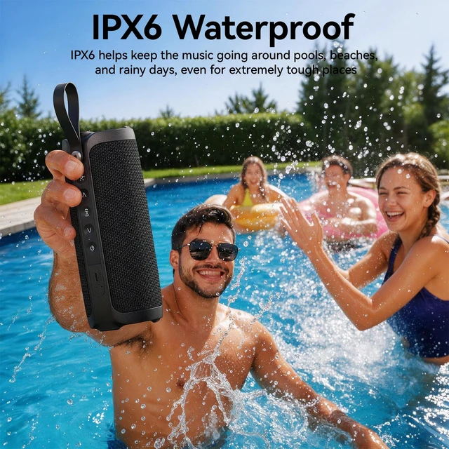 Alt view image 3 of 7 - Bobtot Portable Bluetooth Speaker, 15W Waterproof, RGB Light, TWS, Black | Dual passive radiators, Bluetooth 5.3, IPX6 splash-ready, TWS stereo, RGB lights and hands-free calls for home and travel use
