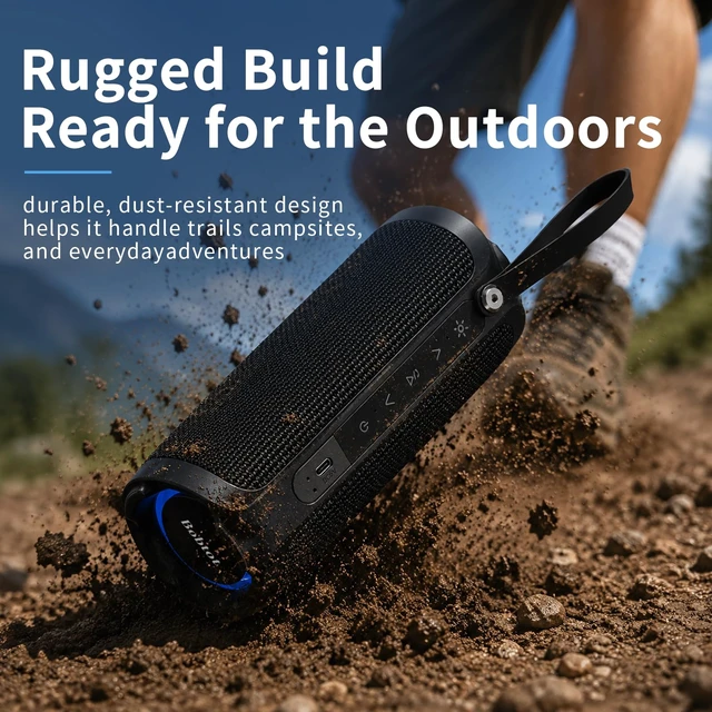 Alt view image 6 of 7 - Bobtot Portable Bluetooth Speaker, 15W Waterproof, RGB Light, TWS, Black | Dual passive radiators, Bluetooth 5.3, IPX6 splash-ready, TWS stereo, RGB lights and hands-free calls for home and travel use