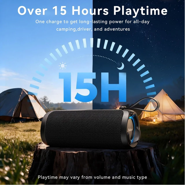 Alt view image 7 of 7 - Bobtot Portable Bluetooth Speaker, 15W Waterproof, RGB Light, TWS, Black | Dual passive radiators, Bluetooth 5.3, IPX6 splash-ready, TWS stereo, RGB lights and hands-free calls for home and travel use