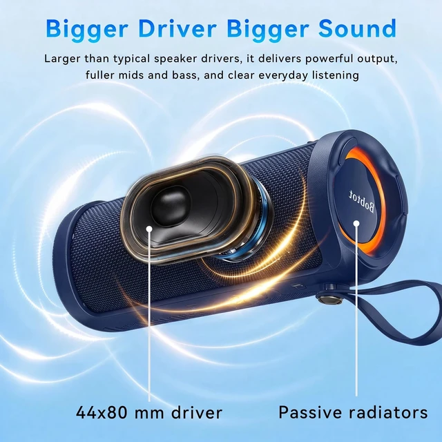 Alt view image 2 of 7 - Bobtot Portable Bluetooth Speaker, 15W Waterproof, RGB Light, TWS, Blue | Dual passive radiators, Bluetooth 5.3, IPX6 splash-ready, TWS stereo, RGB lights and hands-free calls for home and travel use