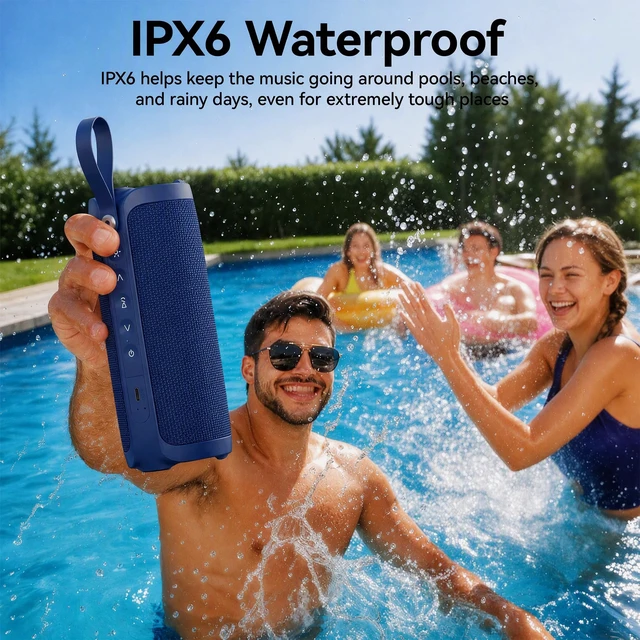 Alt view image 3 of 7 - Bobtot Portable Bluetooth Speaker, 15W Waterproof, RGB Light, TWS, Blue | Dual passive radiators, Bluetooth 5.3, IPX6 splash-ready, TWS stereo, RGB lights and hands-free calls for home and travel use