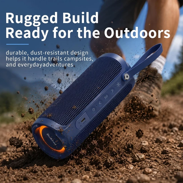 Alt view image 6 of 7 - Bobtot Portable Bluetooth Speaker, 15W Waterproof, RGB Light, TWS, Blue | Dual passive radiators, Bluetooth 5.3, IPX6 splash-ready, TWS stereo, RGB lights and hands-free calls for home and travel use