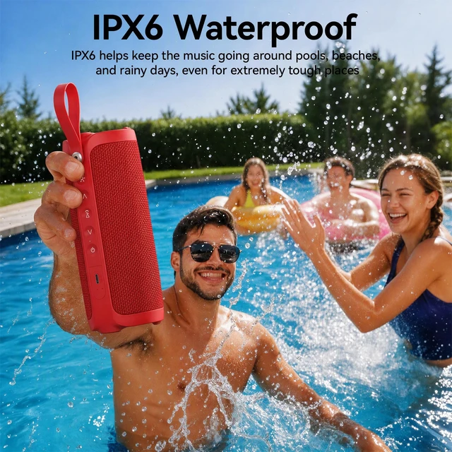 Alt view image 3 of 7 - Bobtot Portable Bluetooth Speaker, 15W Waterproof, RGB Light, TWS, Red | Dual passive radiators, Bluetooth 5.3, IPX6 splash-ready, TWS stereo, RGB lights and hands-free calls for home and travel use