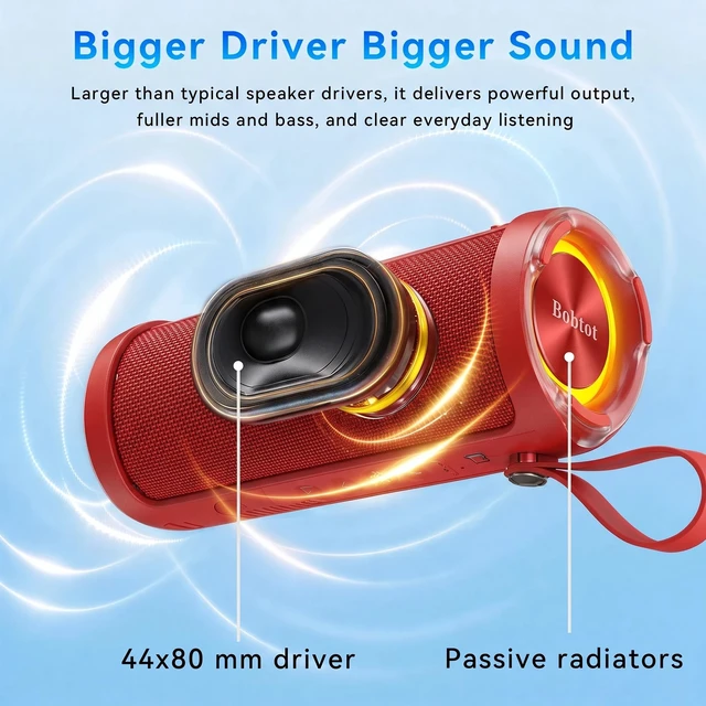 Alt view image 2 of 7 - Bobtot Portable Bluetooth Speaker, 15W Waterproof, RGB Light, TWS, Red | Dual passive radiators, Bluetooth 5.3, IPX6 splash-ready, TWS stereo, RGB lights and hands-free calls for home and travel use