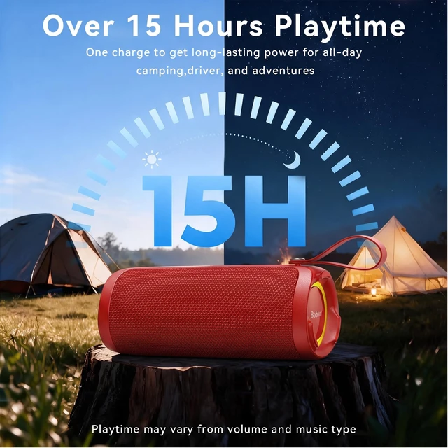 Alt view image 7 of 7 - Bobtot Portable Bluetooth Speaker, 15W Waterproof, RGB Light, TWS, Red | Dual passive radiators, Bluetooth 5.3, IPX6 splash-ready, TWS stereo, RGB lights and hands-free calls for home and travel use
