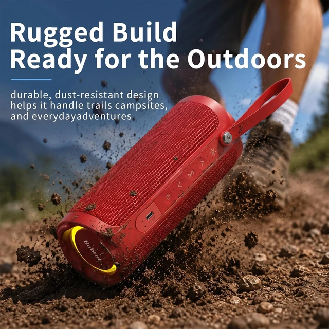 Alt view image 6 of 7 - Bobtot Portable Bluetooth Speaker, 15W Waterproof, RGB Light, TWS, Red | Dual passive radiators, Bluetooth 5.3, IPX6 splash-ready, TWS stereo, RGB lights and hands-free calls for home and travel use