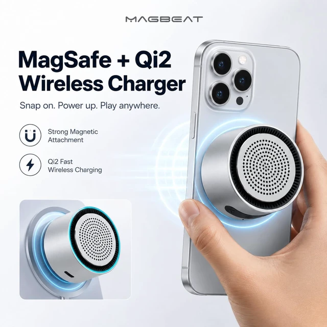 Alt view image 2 of 7 - MagBeat Bluetooth Speaker with Magnetic Wireless Charger (Graphite), Portable Stereo Sync TWS, Booming Bass, up to 10H, IPX7 Waterproof, Aluminum Unibody Design for Home/Outdoor/Beach, Gift for Men