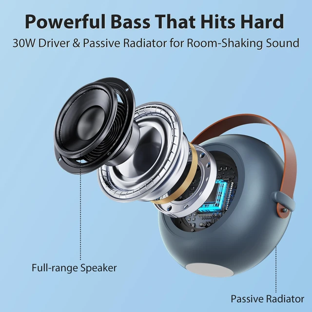 Alt view image 2 of 7 - Passau 30W Portable Bluetooth Speaker with Deep Bass, Handle, 24H Play | Passive Radiator, TWS Stereo Pairing, RGB Lights, Bluetooth/AUX/TF Card, IPX5, Carry Handle for Home/Party/Outdoor/Beach