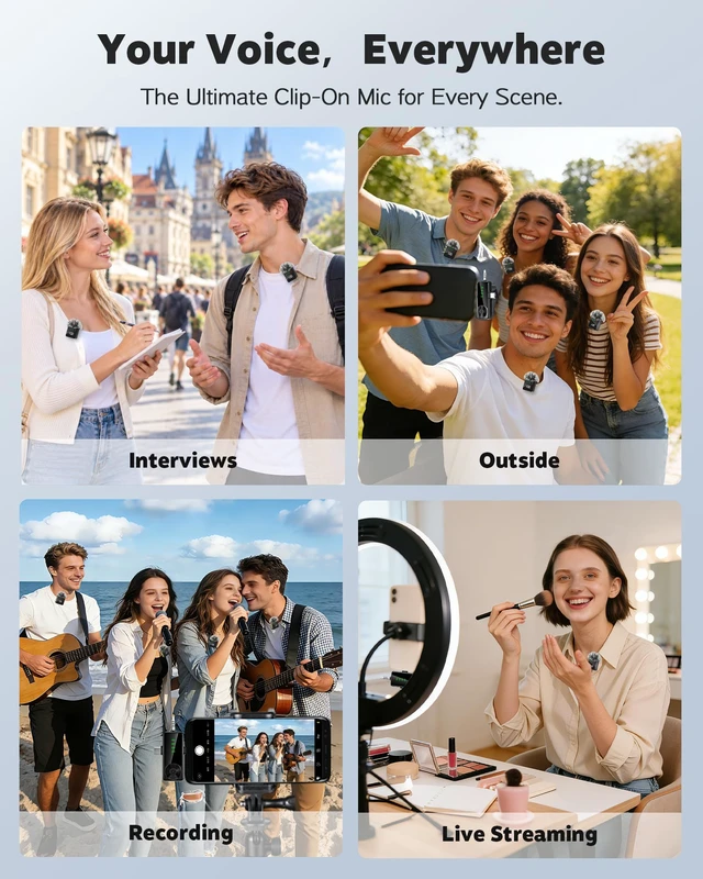 Alt view image 5 of 7 - 3 in 1 Wireless Lavalier Microphone for iPhone, Android, Cameras | 4-Person Mini Mic with Noise Reduction, 40H Battery Life, Mics for Video Recording, Podcasts, Vlog, TikTok, YouTube (Black)
