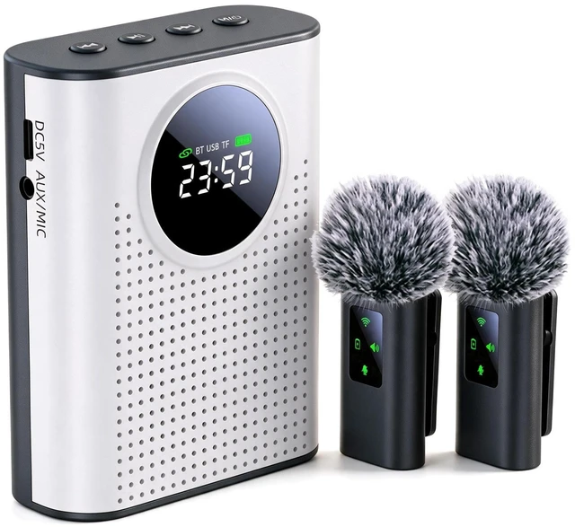Main image of ZERFUN S67 Voice Amplifier Wireless Microphone Dual for Teachers Classroom Rechargeable, Mini Lavalier Lapel Mic, Portable Speaker PA System with LED Display for Class, Tour Guide, Coaches, White