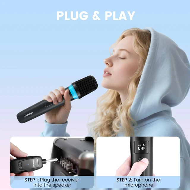 Alt view image 6 of 7 - Marengo Wireless Microphones, Volume Control, LED Lights, 40H, 200FT Range | UHF Stable Signal,LCD Dual Mics Display,Dual-Channel Receiver,200FT Long Range,40H Battery Life,Crystal Clear Sound