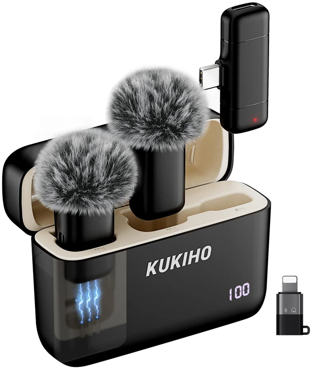 Main image of KUKIHO Wireless Lavalier Microphone with Charging Case, 36H Battery Life, Noise Cancellation, 135ft Range, Plug-and-Play Clip-On Mic for iPhone, iPad, Android, YouTube, Vlog, Live Streaming