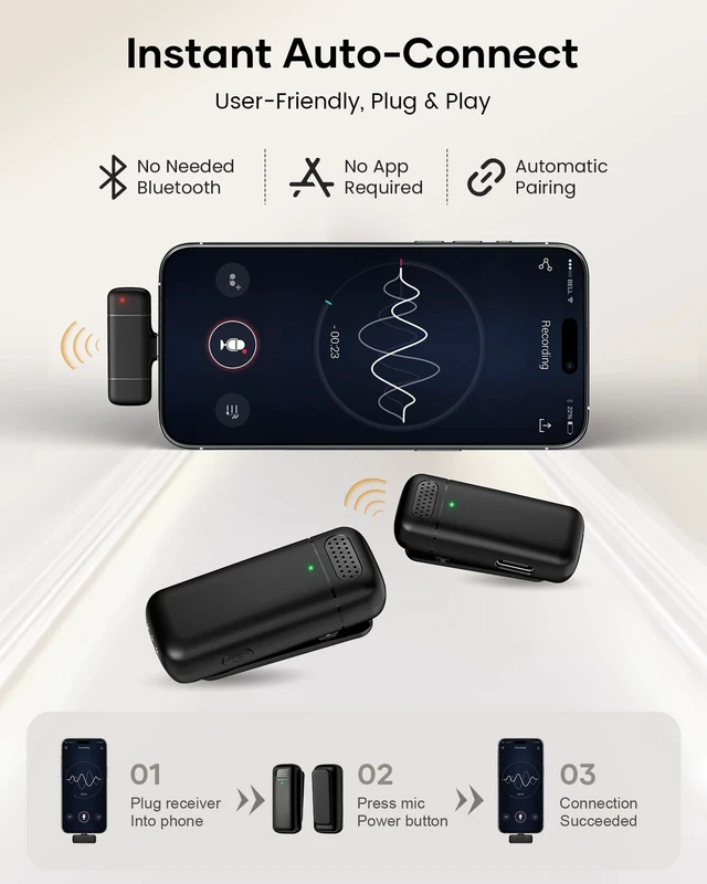Alt view image 2 of 7 - KUKIHO Wireless Lavalier Microphone with Charging Case, 36H Battery Life, Noise Cancellation, 135ft Range, Plug-and-Play Clip-On Mic for iPhone, iPad, Android, YouTube, Vlog, Live Streaming