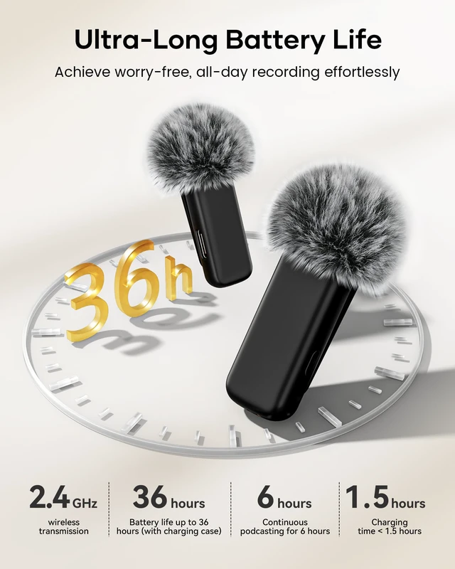 Alt view image 5 of 7 - KUKIHO Wireless Lavalier Microphone with Charging Case, 36H Battery Life, Noise Cancellation, 135ft Range, Plug-and-Play Clip-On Mic for iPhone, iPad, Android, YouTube, Vlog, Live Streaming