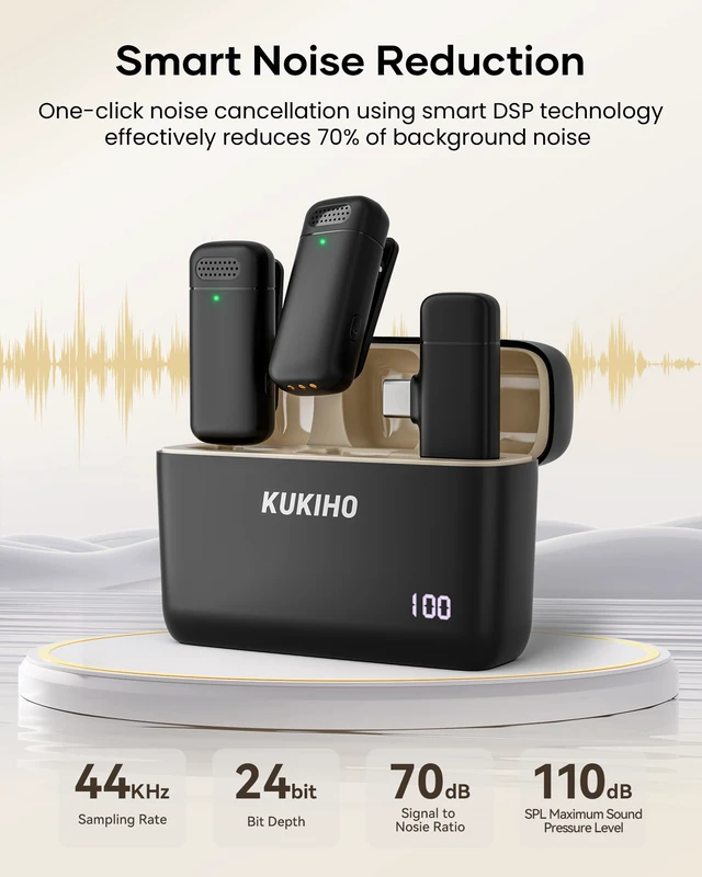 Alt view image 6 of 7 - KUKIHO Wireless Lavalier Microphone with Charging Case, 36H Battery Life, Noise Cancellation, 135ft Range, Plug-and-Play Clip-On Mic for iPhone, iPad, Android, YouTube, Vlog, Live Streaming