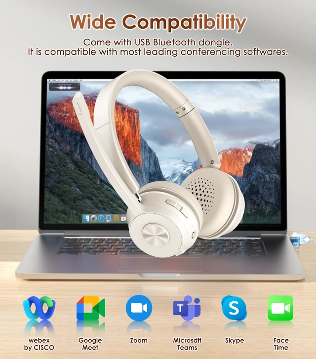 Alt view image 5 of 6 - Wireless Headset with Mic for Work, Bluetooth Headset with Noise Cancelling | Headphones with Mic Mute & USB Dongle for PC/Computer/Laptop/Cell Phones/Remote Work/Call Center (Beige White)