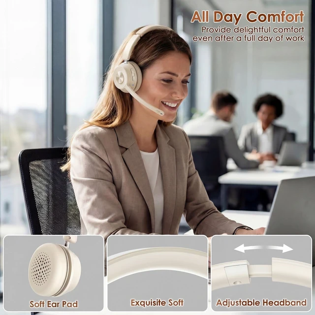Alt view image 6 of 6 - Wireless Headset with Mic for Work, Bluetooth Headset with Noise Cancelling | Headphones with Mic Mute & USB Dongle for PC/Computer/Laptop/Cell Phones/Remote Work/Call Center (Beige White)