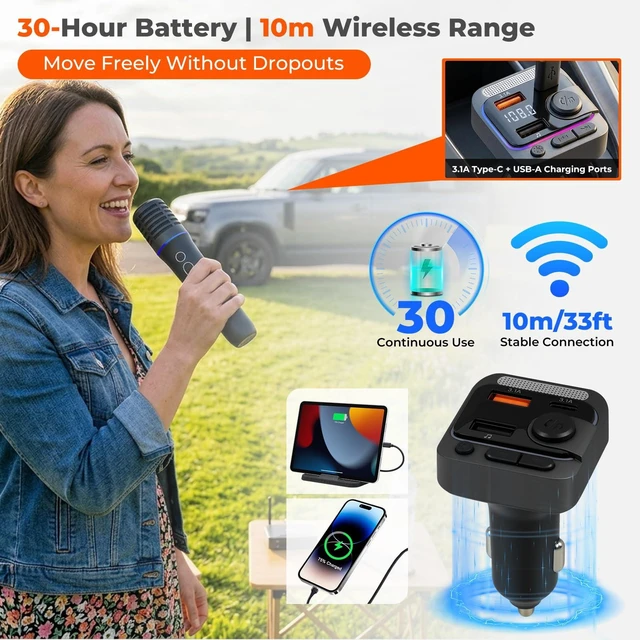 Alt view image 3 of 7 - QKVCX Wireless Bluetooth Car Karaoke Microphone Kit Plug in Cigarette Lighter, 30H Duration 10M Range | Perfect for Outdoor Parties, Travel Sing-Alongs & Group Gatherings
