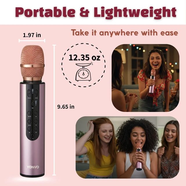 Alt view image 4 of 7 - YONVO Bluetooth 5.3 Wireless Karaoke Microphone, Portable Handheld Mic with 10W Speakers. Clear Vocals & Echo Home Party Karaoke Machine, Gift for Teens & Women (Rose Gold)