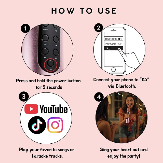 Alt view image 7 of 7 - YONVO Bluetooth 5.3 Wireless Karaoke Microphone, Portable Handheld Mic with 10W Speakers. Clear Vocals & Echo Home Party Karaoke Machine, Gift for Teens & Women (Rose Gold)