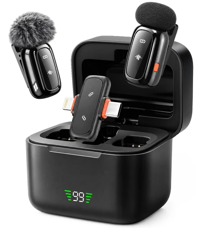 Main image of Wireless Microphone for iPhone Android, Dual Lavalier Mini Clip On Mic | Wireless mini microphone for iphone. 5g noise cancelling lapel mic for content creators on YouTube, TikTok, Instagram vlogs.