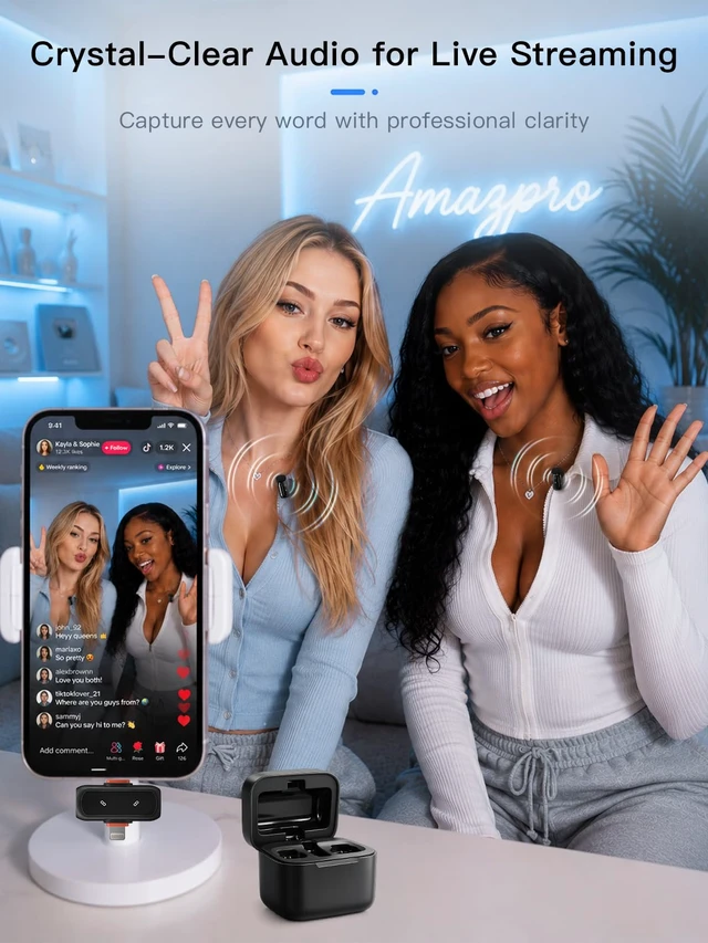 Alt view image 4 of 7 - Wireless Microphone for iPhone Android, Dual Lavalier Mini Clip On Mic | Wireless mini microphone for iphone. 5g noise cancelling lapel mic for content creators on YouTube, TikTok, Instagram vlogs.