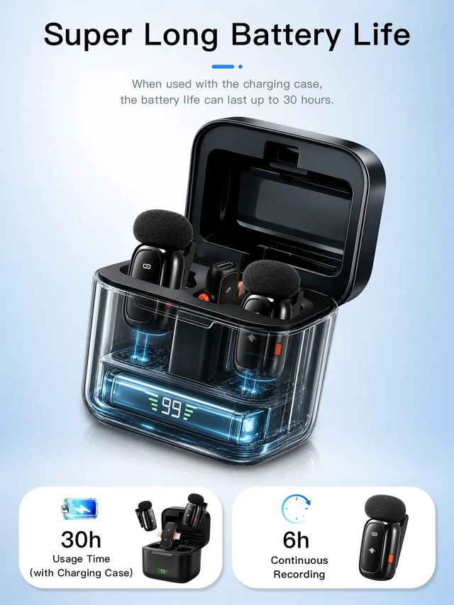 Alt view image 5 of 7 - Wireless Microphone for iPhone Android, Dual Lavalier Mini Clip On Mic | Wireless mini microphone for iphone. 5g noise cancelling lapel mic for content creators on YouTube, TikTok, Instagram vlogs.