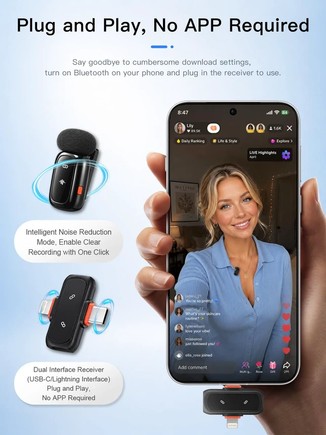 Alt view image 6 of 7 - Wireless Microphone for iPhone Android, Dual Lavalier Mini Clip On Mic | Wireless mini microphone for iphone. 5g noise cancelling lapel mic for content creators on YouTube, TikTok, Instagram vlogs.
