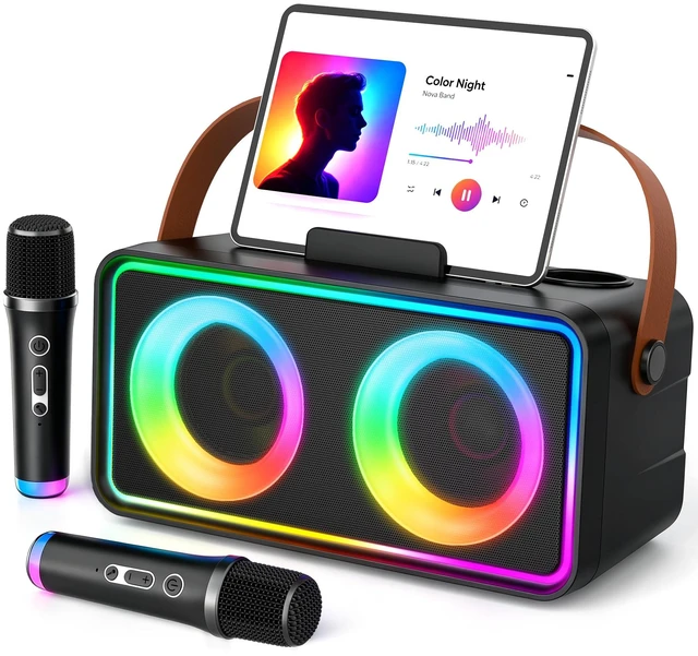 Main image of Karaoke Machine, Portable Bluetooth Speaker with 2 Wireless Microphones | 16W Stereo Sound, Bluetooth 5.3, 10H Playtime, 5 Voice, LED Lights, AUX/USB/TF, Home Party Outdoor Camping Adults Kids Gifts