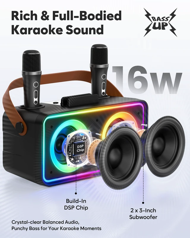 Alt view image 2 of 7 - Karaoke Machine, Portable Bluetooth Speaker with 2 Wireless Microphones | 16W Stereo Sound, Bluetooth 5.3, 10H Playtime, 5 Voice, LED Lights, AUX/USB/TF, Home Party Outdoor Camping Adults Kids Gifts