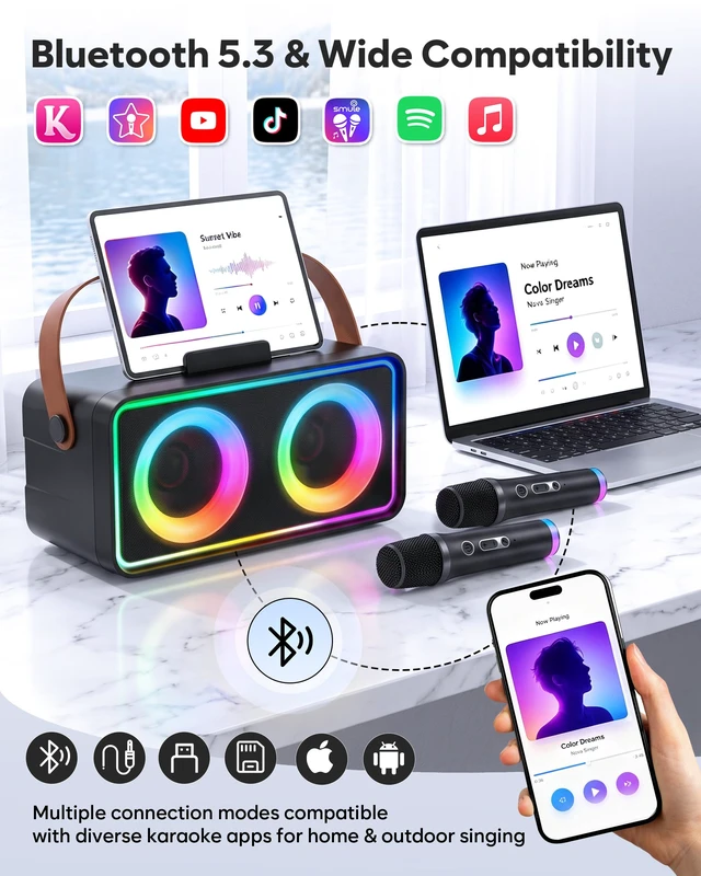 Alt view image 3 of 7 - Karaoke Machine, Portable Bluetooth Speaker with 2 Wireless Microphones | 16W Stereo Sound, Bluetooth 5.3, 10H Playtime, 5 Voice, LED Lights, AUX/USB/TF, Home Party Outdoor Camping Adults Kids Gifts