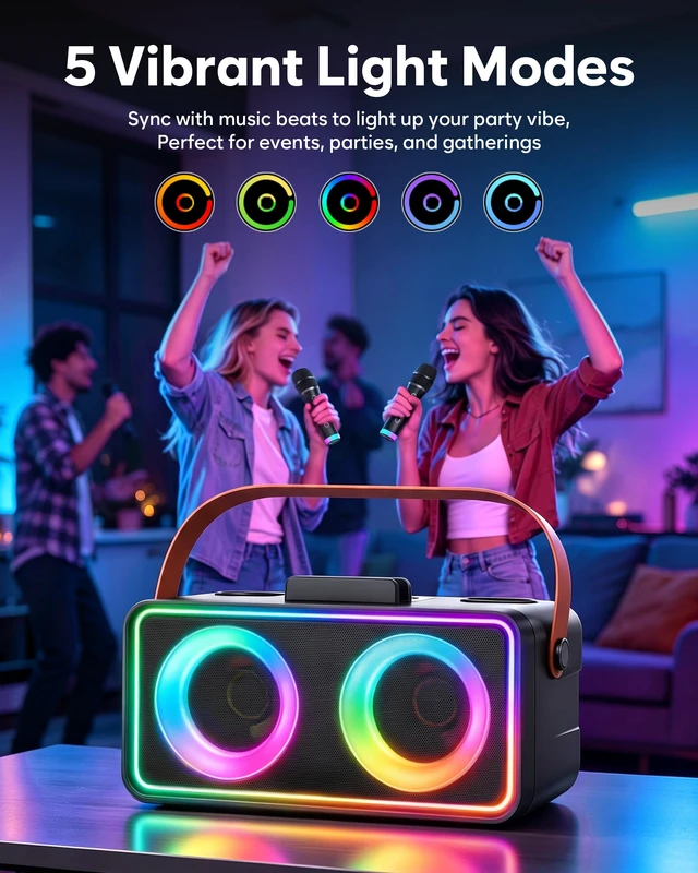 Alt view image 5 of 7 - Karaoke Machine, Portable Bluetooth Speaker with 2 Wireless Microphones | 16W Stereo Sound, Bluetooth 5.3, 10H Playtime, 5 Voice, LED Lights, AUX/USB/TF, Home Party Outdoor Camping Adults Kids Gifts