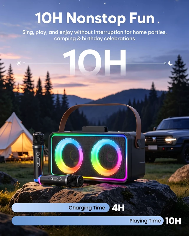 Alt view image 6 of 7 - Karaoke Machine, Portable Bluetooth Speaker with 2 Wireless Microphones | 16W Stereo Sound, Bluetooth 5.3, 10H Playtime, 5 Voice, LED Lights, AUX/USB/TF, Home Party Outdoor Camping Adults Kids Gifts