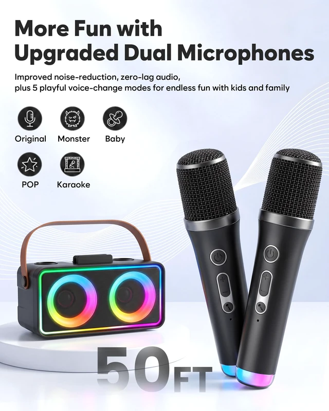 Alt view image 7 of 7 - Karaoke Machine, Portable Bluetooth Speaker with 2 Wireless Microphones | 16W Stereo Sound, Bluetooth 5.3, 10H Playtime, 5 Voice, LED Lights, AUX/USB/TF, Home Party Outdoor Camping Adults Kids Gifts