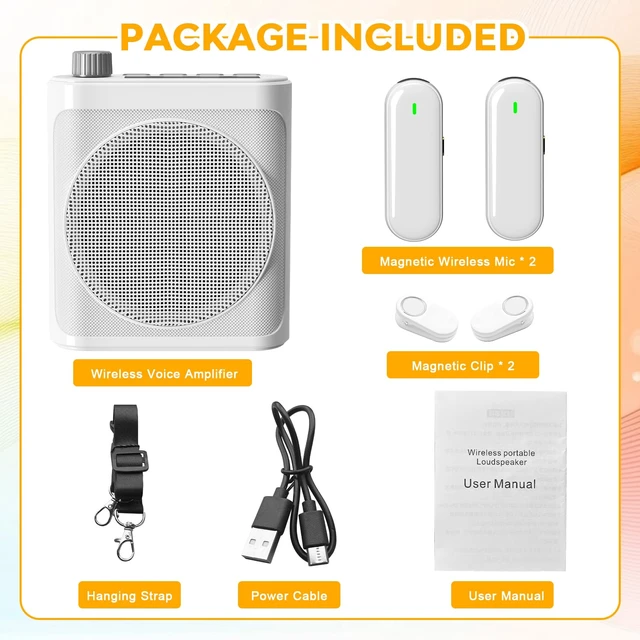 Alt view image 2 of 7 - Voice Amplifier Wireless Microphones, Bluetooth Megaphone Speaker Personal PA System Portable Voice Amplifier with 2pcs Magnetic Wireless Lavalier Lapel Microphones for Teachers Classroom Meeting Yoga