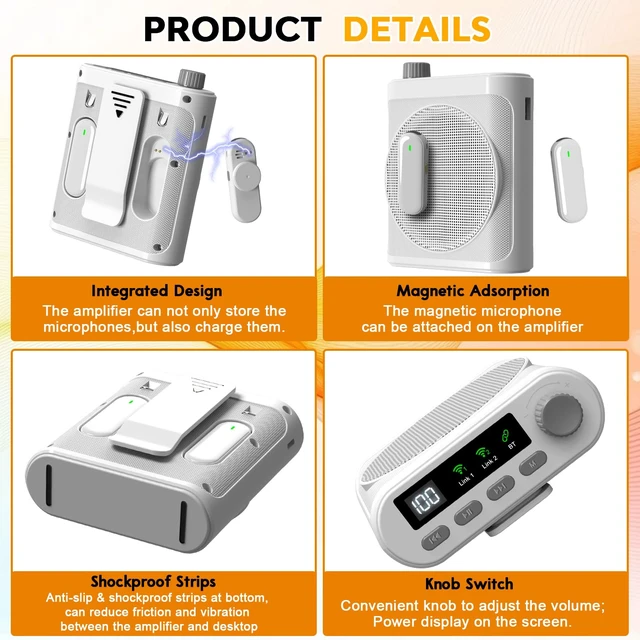 Alt view image 6 of 7 - Voice Amplifier Wireless Microphones, Bluetooth Megaphone Speaker Personal PA System Portable Voice Amplifier with 2pcs Magnetic Wireless Lavalier Lapel Microphones for Teachers Classroom Meeting Yoga