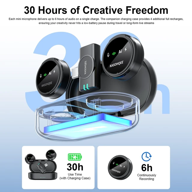 Alt view image 5 of 7 - Wireless Lavalier Microphone for iPhone 17/16/15/14, iPad & Android | Magnetic Mini Mic with Charging Case,30H Playtime Plug-Play Lapel Mic for Content Creators,Vlogging,Tiktok,AI Noise Reduction