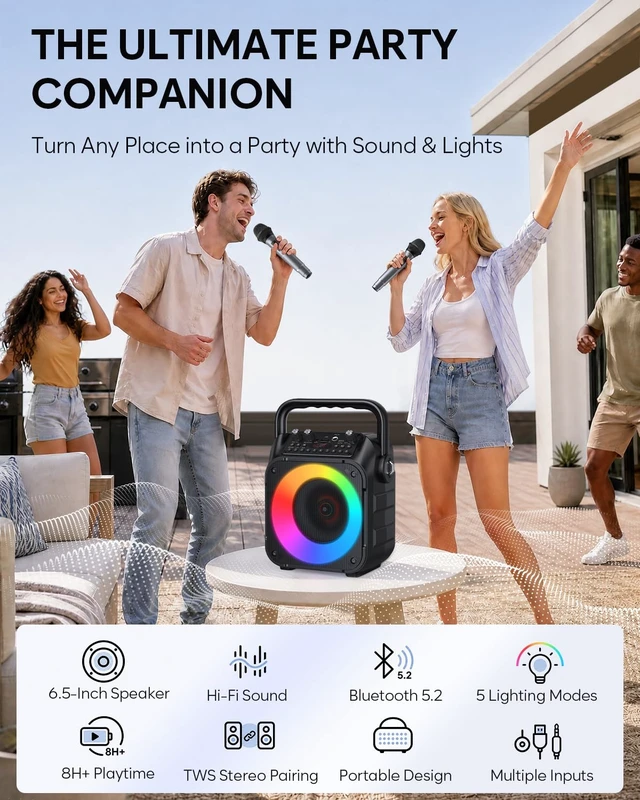 Alt view image 2 of 7 - CYY Karaoke Machine, Portable Bluetooth Speaker with 2 Wireless Microphones | Immersive Sound, 5 Light Modes, PA System, TWS USB TF AUX FM, for Adults and Kids, Home Party, Outdoor, Home System