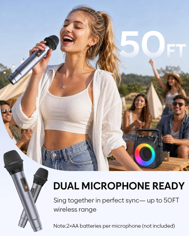 Alt view image 4 of 7 - CYY Karaoke Machine, Portable Bluetooth Speaker with 2 Wireless Microphones | Immersive Sound, 5 Light Modes, PA System, TWS USB TF AUX FM, for Adults and Kids, Home Party, Outdoor, Home System