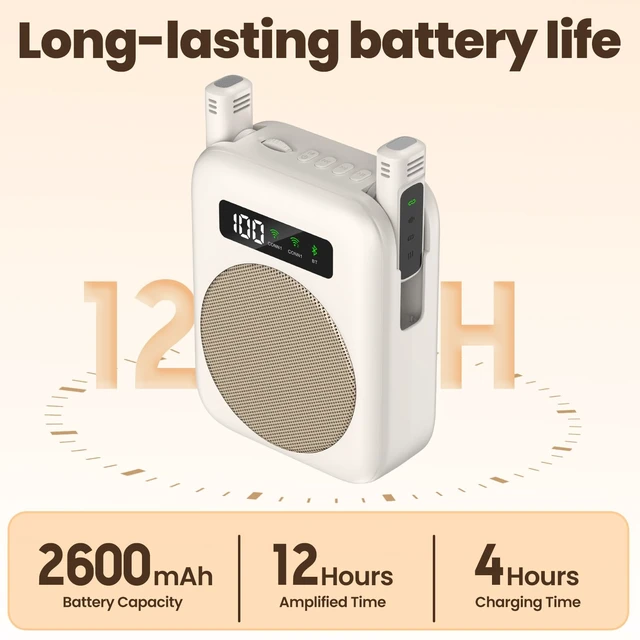 Alt view image 4 of 7 - Voice Amplifier with Bluetooth lavalier Microphone, Teacher Bluetooth Amplifier, Portable Voice Amplifier, Clip on Microphone System Bluetooth Speaker (Beige)