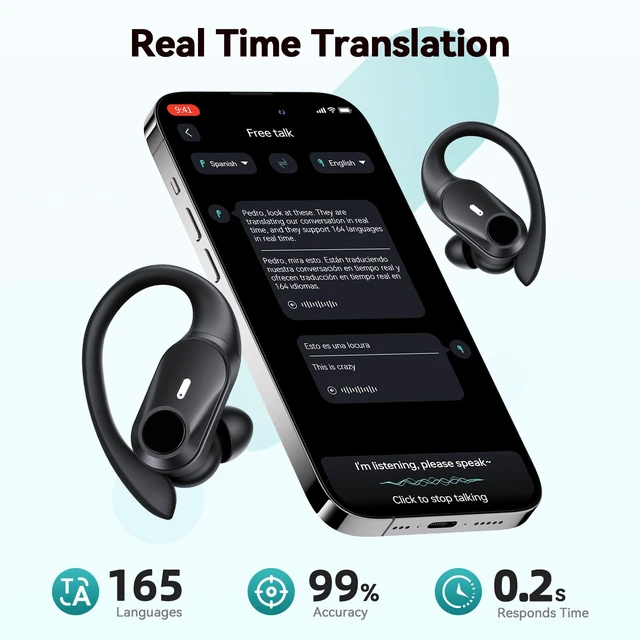 Alt view image 5 of 7 - Active Noise Cancelling Ear Buds Wireless Bluetooth Headphones 80H Playtime Display Charging Case 50dB ANC Over Ear Hooks Earbuds with Hi-Res Sound Clear Calls for Sports Running AI Translation Black