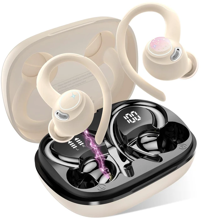 Main image of Earbuds, Bluetooth 5.4 Headphones Sport Over Ear Buds with ENC Mic | Noise Cancelling,48H, Wireless Earphone With Earhooks, Stereo Deep Bass, IP7 Waterproof ear bud for Workout Running,Off White