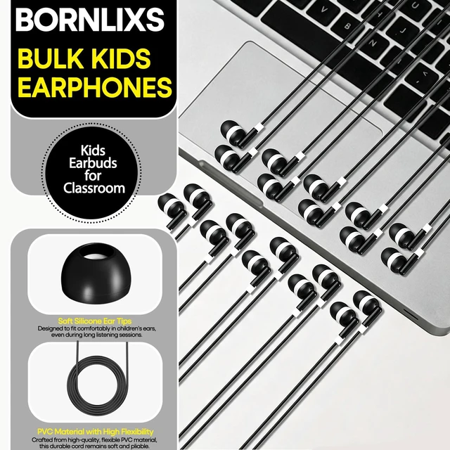 Alt view image 2 of 7 - Bornlixs Kids Bulk Earbuds 200 Pack for School Classroom Student | Wholesales in Ear Headphones for Children Toddler Teen kids Boys Girls(Black)